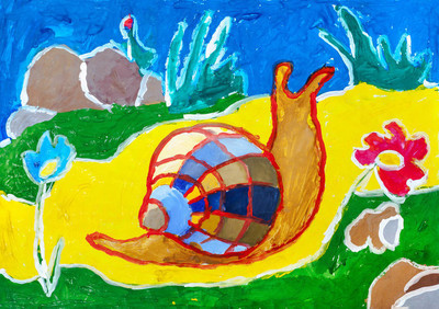 儿童画.在黄色的地毯上爬行的蜗牛