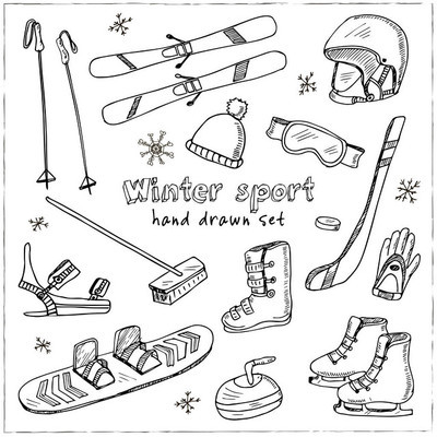 冬季娱乐体育, 活动和配件手绘笔记本涂鸦集与雪橇, 滑雪板, 溜冰鞋