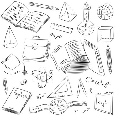 儿童图纸的球, 书, 铅笔, 尺子, 瓶, 指南针, 箭头