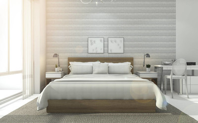 3d 渲染甜不错小白色的卧室与太阳眩光