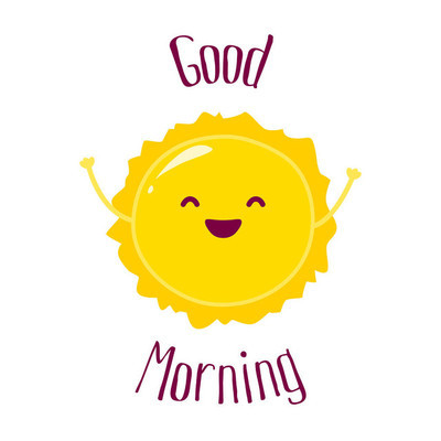 可爱的卡通太阳升起举起手来和微笑.好早上卡.平面样式.矢量图
