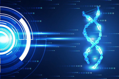 抽象技术科学概念现代圆圈蓝光和 dna 数字技术在高科技二元背景中的