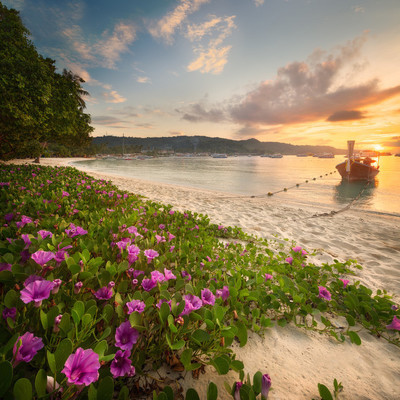 美丽的海滩,与五彩缤纷的花朵和船