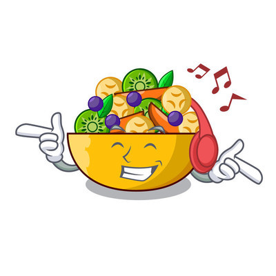 listening music mascot diet fresh tasty fruit salad vector