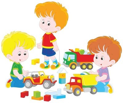 小男孩玩玩具车和砖块, 卡通风格的矢量插图
