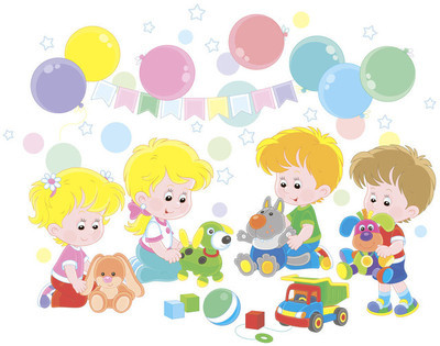 小孩子玩五颜六色的软玩具在他们的游戏室, 矢量例证在卡通风格