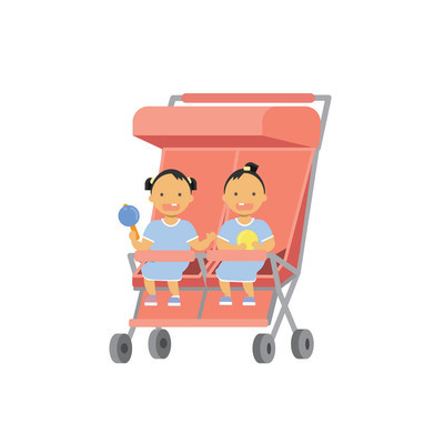 婴孩与玩具双胞胎双粉红童车全长头像在白色背景, 成功的家庭概念