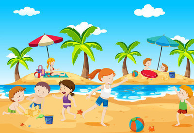 夏天在海滩玩耍的孩子们插图