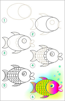 頁顯示如何一步一步一步學會畫一條魚