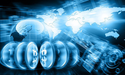 数字货币比特币, 未来数字货币, 全球商业的互联网概念.技术背景