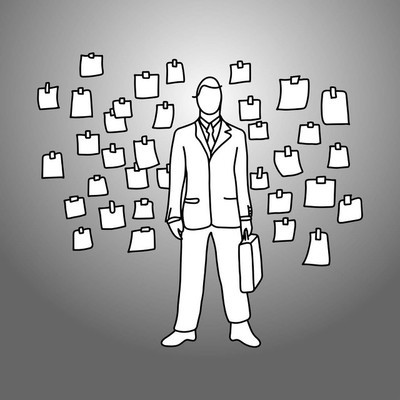 商人与他的公文包站在黏糊糊的纸笔记挂在墙上矢量插图涂鸦手绘素描