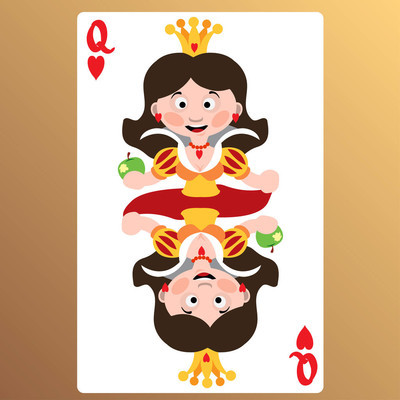 红心皇后在米色背景下玩卡通可爱字符的纸牌